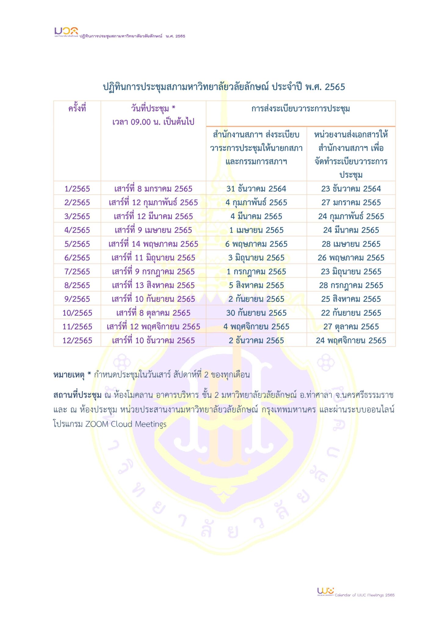 ปฏิทินการประชุมสภามหาวิทยาลัยวลัยลักษณ์ ประจำปี พ.ศ. 2565